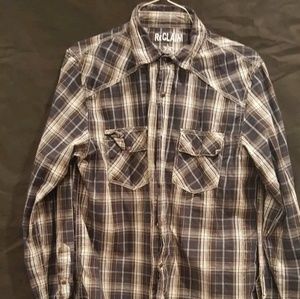 MENS BUCKLE LARGE BLACK PLAID BUTTON DOWN